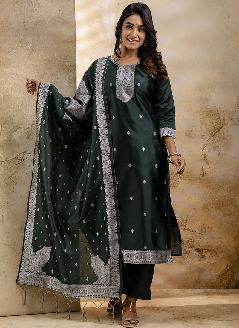 Cotton blend dark green party wear weaving work kurta set