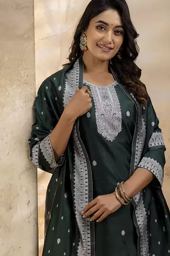 Cotton blend dark green party wear weaving work kurta set