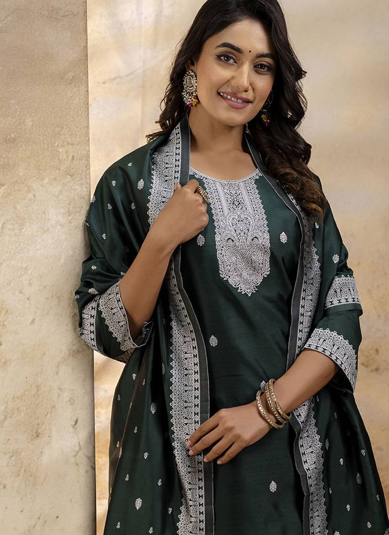Cotton blend dark green party wear weaving work kurta set