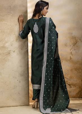 Cotton blend dark green party wear weaving work kurta set 3