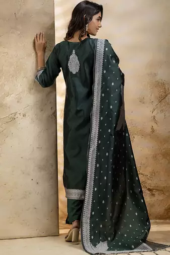 Cotton blend dark green party wear weaving work kurta set