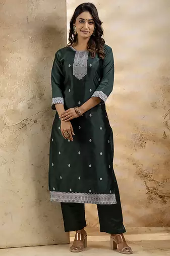 Cotton blend dark green party wear weaving work kurta set