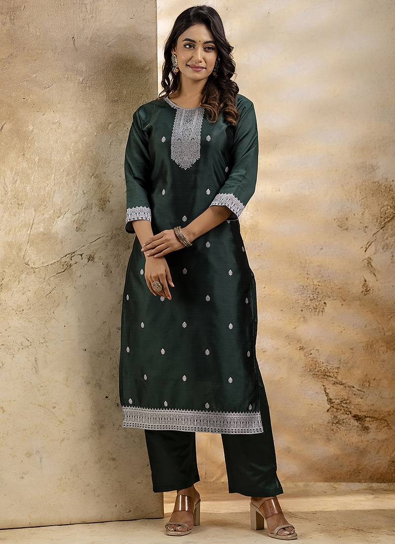 Cotton blend dark green party wear weaving work kurta set