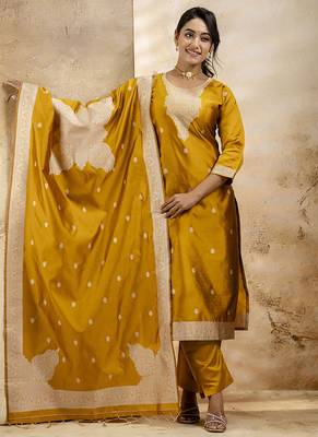 Cotton blend mustard party wear weaving work kurta set 1