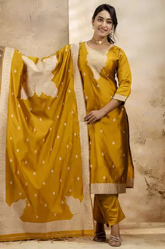 Cotton blend mustard party wear weaving work kurta set