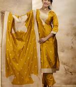 Cotton blend mustard party wear weaving work kurta set