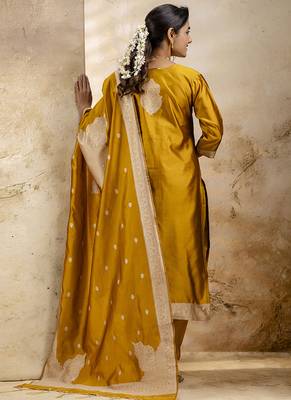 Cotton blend mustard party wear weaving work kurta set 2