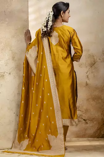 Cotton blend mustard party wear weaving work kurta set