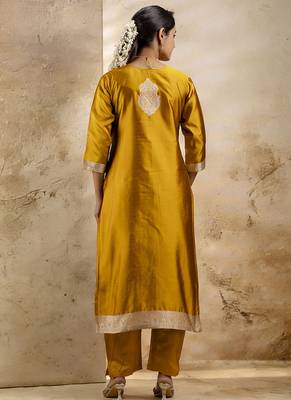 Cotton blend mustard party wear weaving work kurta set 3