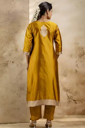 Cotton blend mustard party wear weaving work kurta set