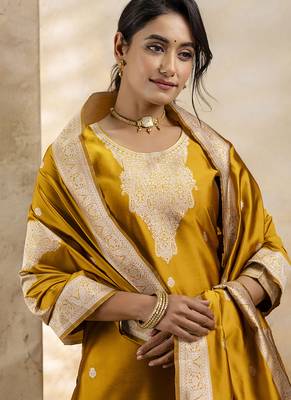 Cotton blend mustard party wear weaving work kurta set 4