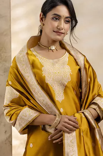 Cotton blend mustard party wear weaving work kurta set