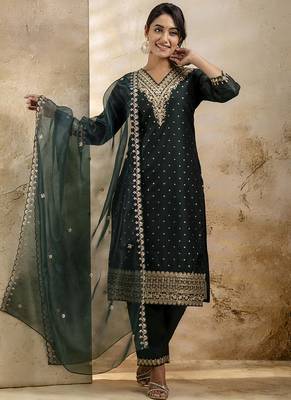 Chanderi silk lavender party wear embroidery work kurta set 1