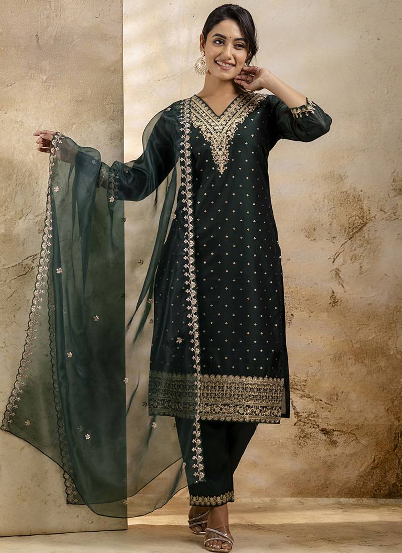 Chanderi silk lavender party wear embroidery work kurta set