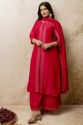 Silk blend red casual wear embroidery work readymade plazzo suit