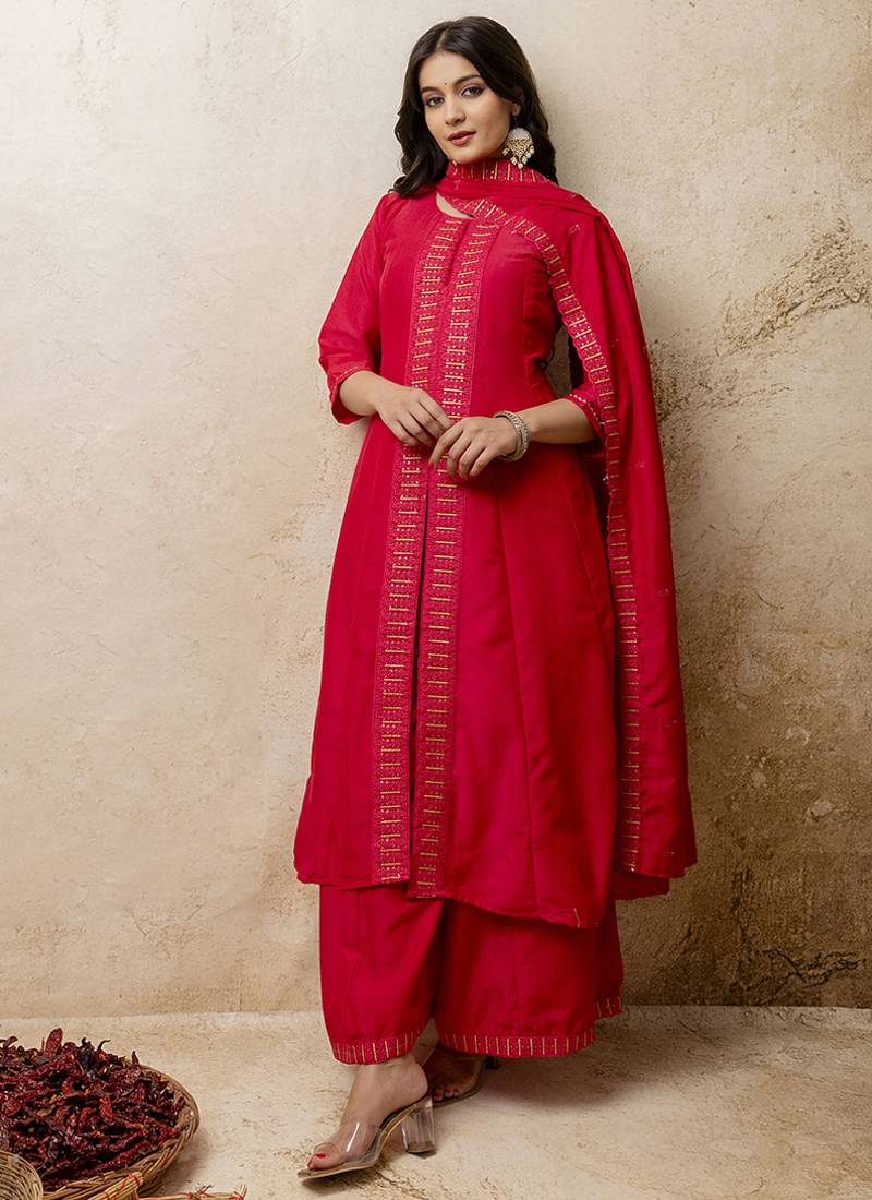 Silk blend red casual wear embroidery work readymade plazzo suit