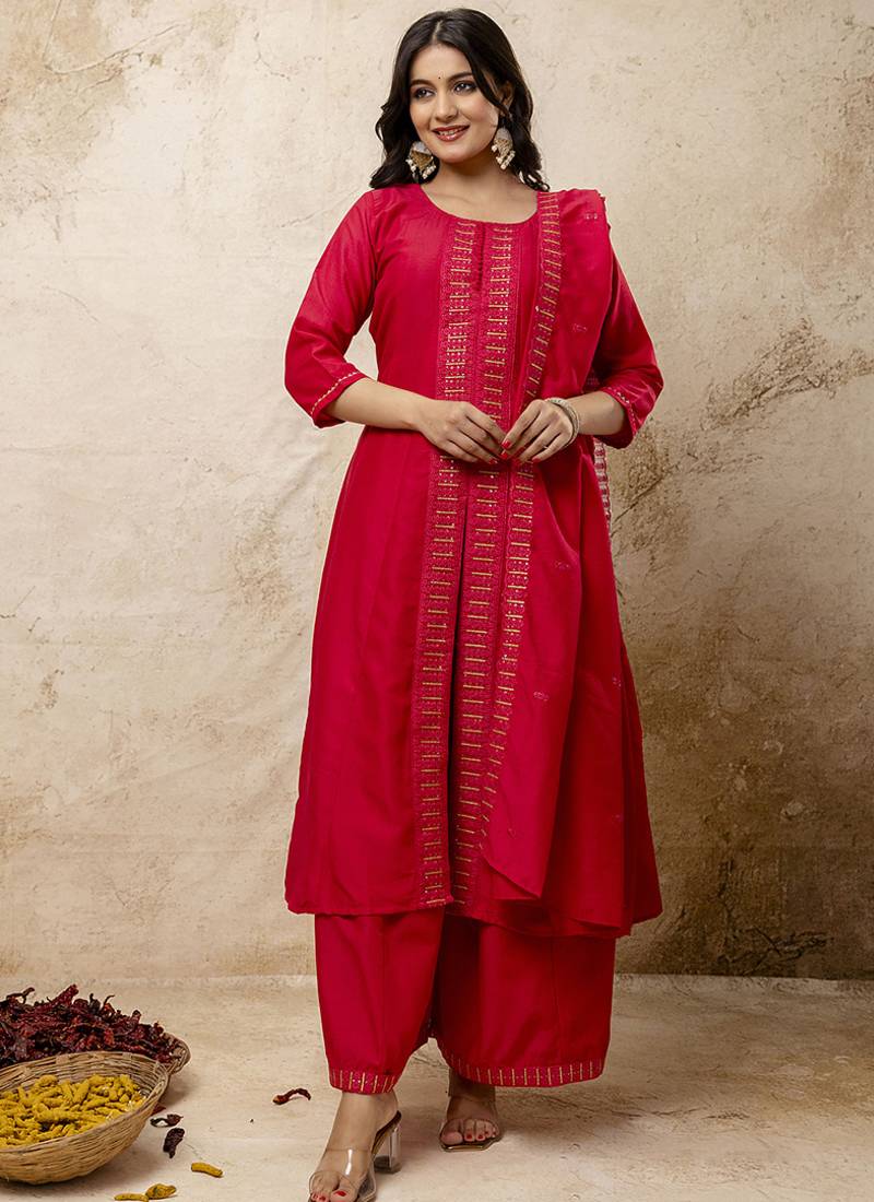 Silk blend red casual wear embroidery work readymade plazzo suit