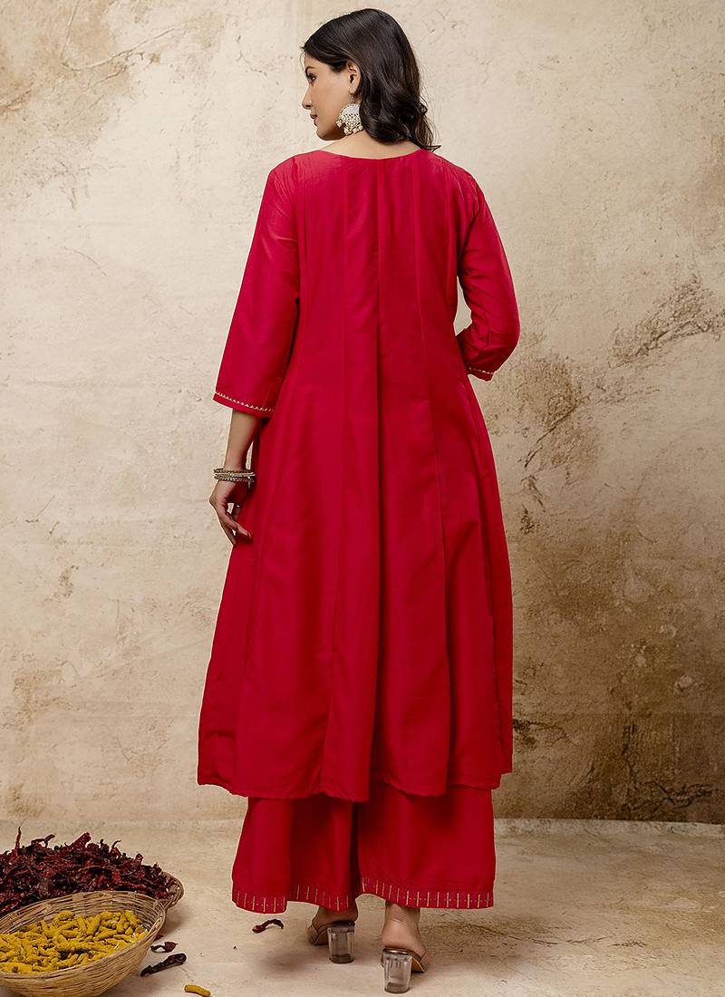 Silk blend red casual wear embroidery work readymade plazzo suit