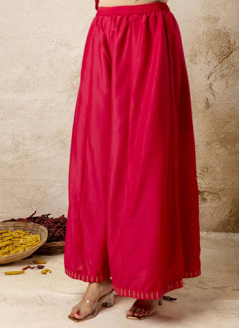 Silk blend red casual wear embroidery work readymade plazzo suit