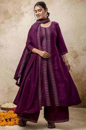 Silk blend wine casual wear embroidery work readymade plazzo suit