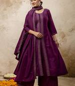 Silk blend wine casual wear embroidery work readymade plazzo suit