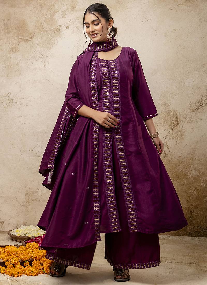 Silk blend wine casual wear embroidery work readymade plazzo suit