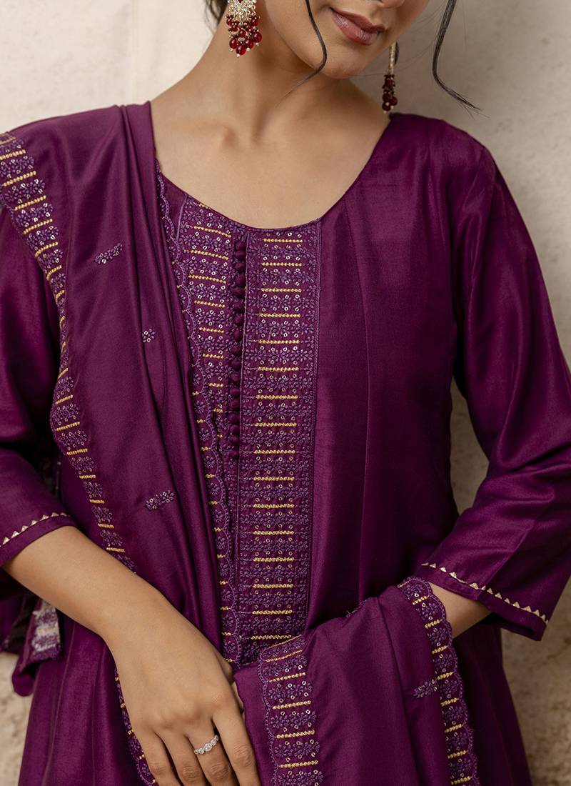 Silk blend wine casual wear embroidery work readymade plazzo suit