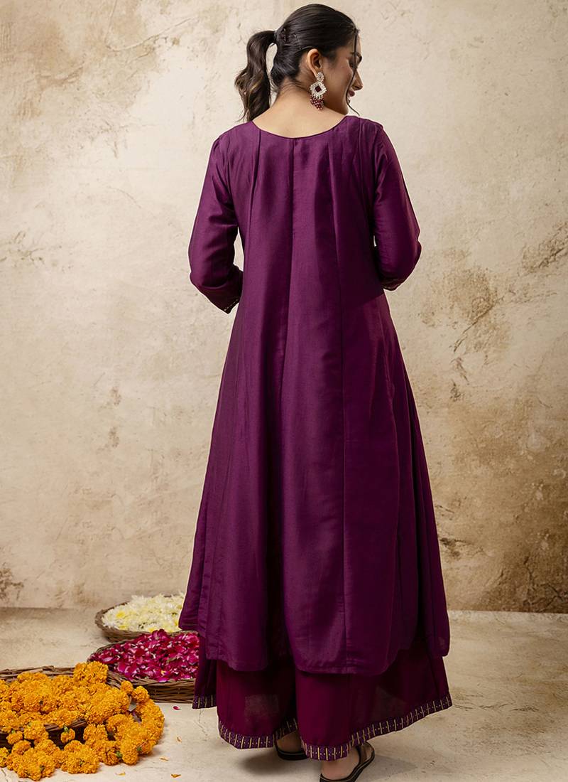 Silk blend wine casual wear embroidery work readymade plazzo suit