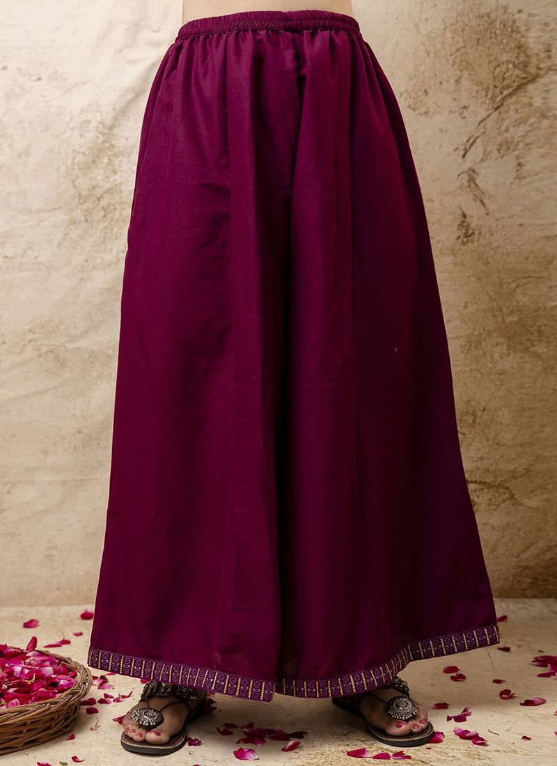 Silk blend wine casual wear embroidery work readymade plazzo suit
