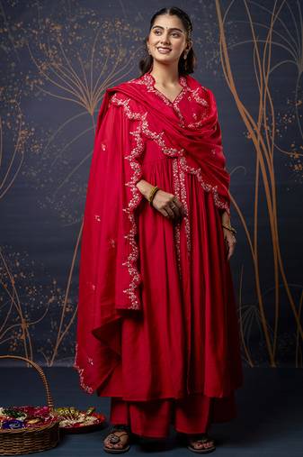 Silk blend red designer wear embroidery work readymade anarkali suit