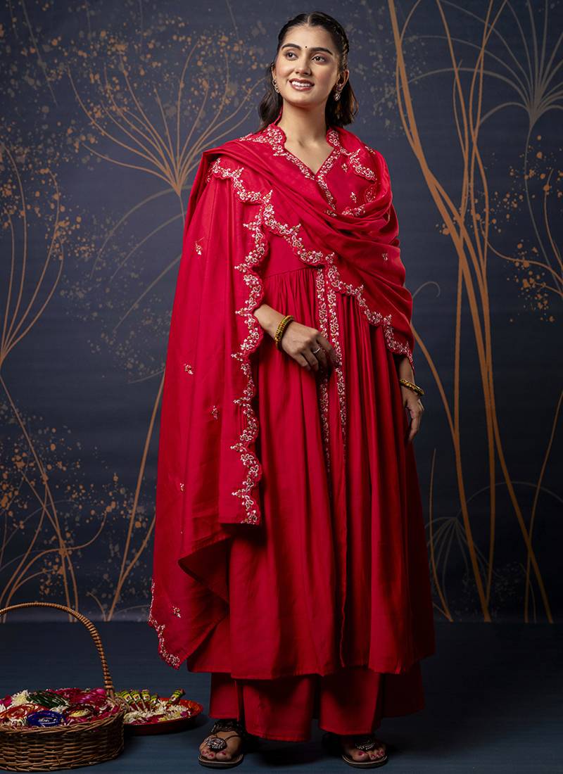 Silk blend red designer wear embroidery work readymade anarkali suit