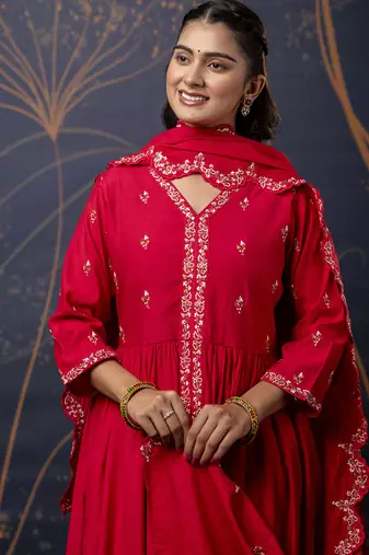 Silk blend red designer wear embroidery work readymade anarkali suit