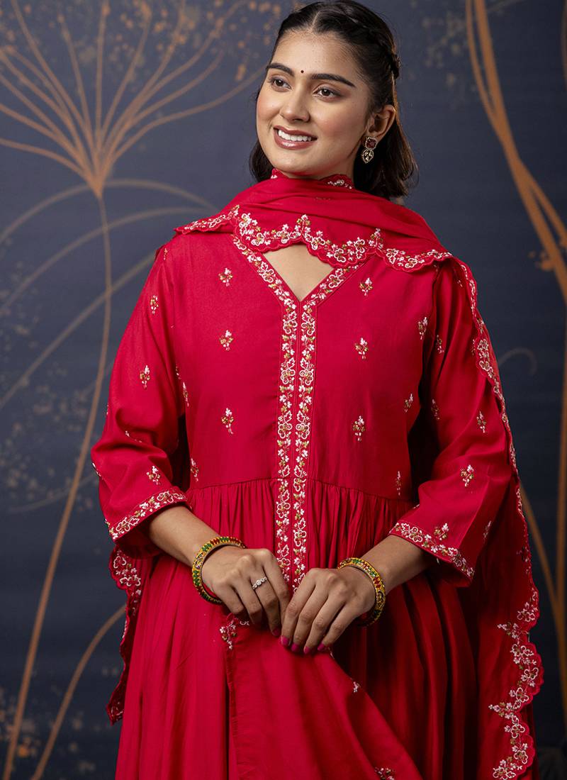 Silk blend red designer wear embroidery work readymade anarkali suit