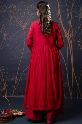 Silk blend red designer wear embroidery work readymade anarkali suit