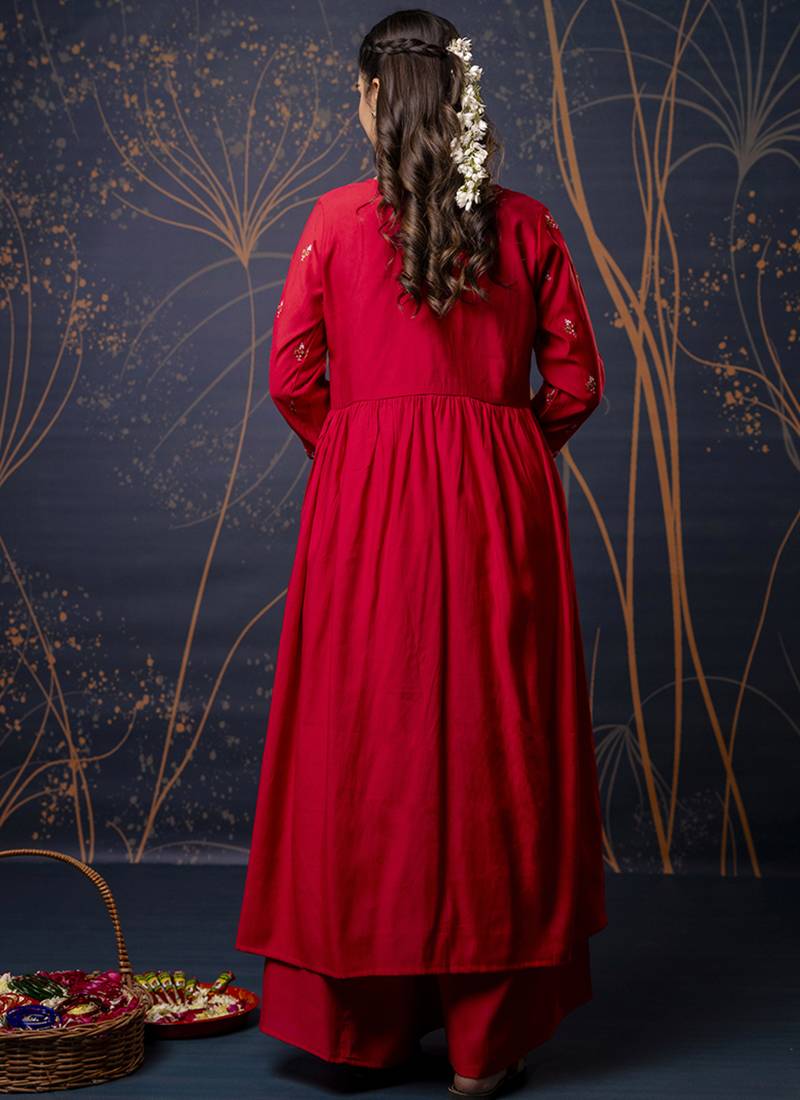 Silk blend red designer wear embroidery work readymade anarkali suit