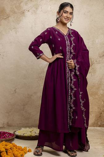 Silk blend wine designer wear embroidery work readymade anarkali suit