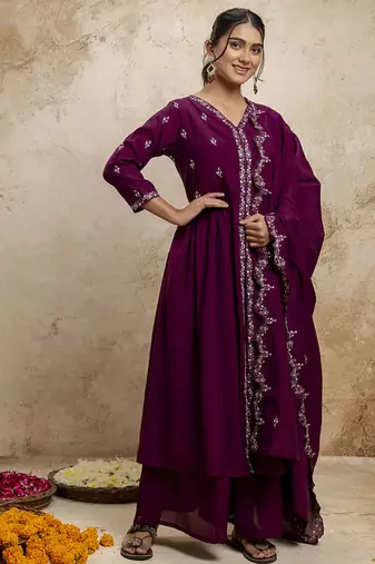 Silk blend wine designer wear embroidery work readymade anarkali suit