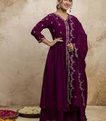 Silk blend wine designer wear embroidery work readymade anarkali suit