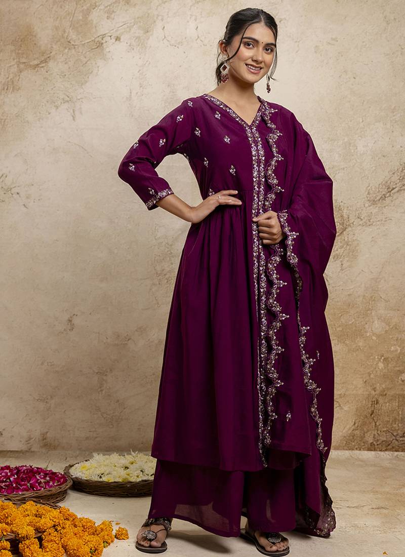 Silk blend wine designer wear embroidery work readymade anarkali suit