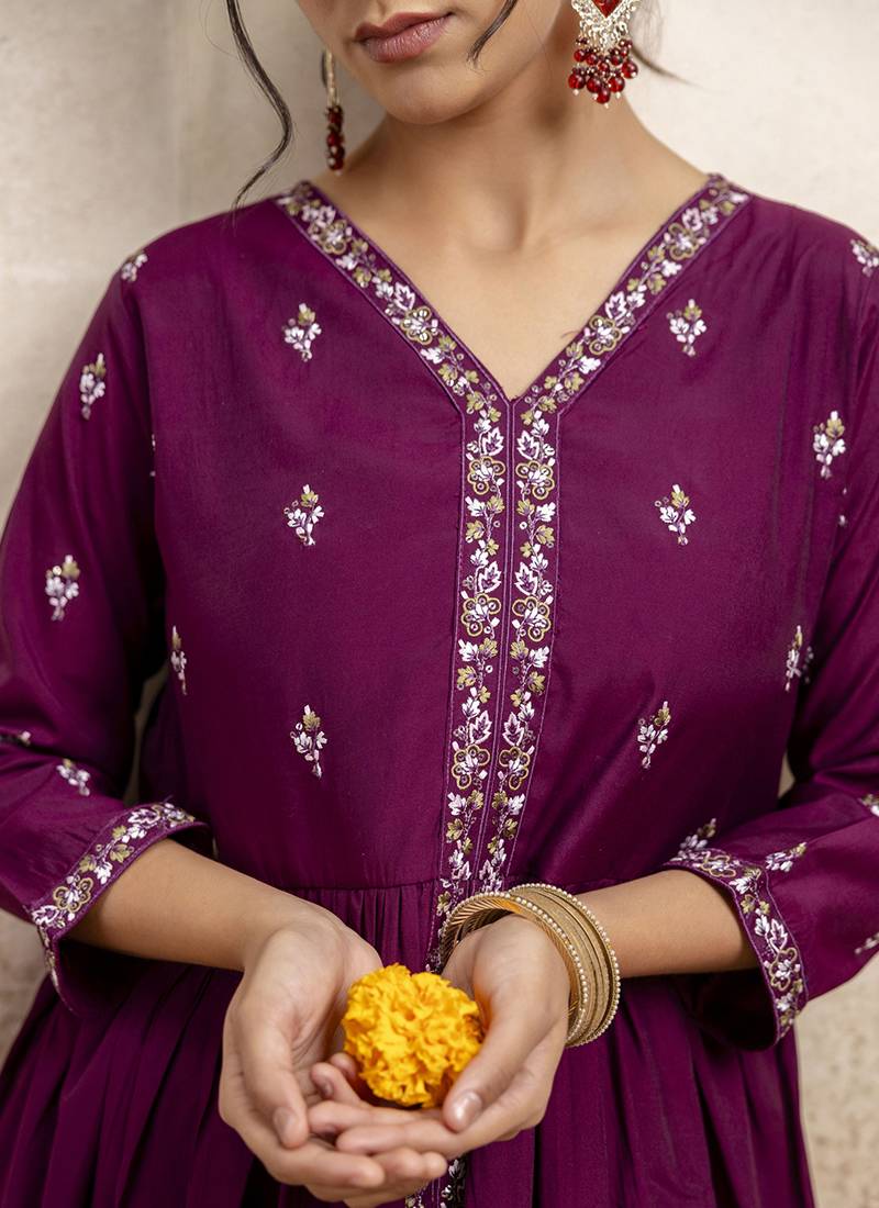 Silk blend wine designer wear embroidery work readymade anarkali suit