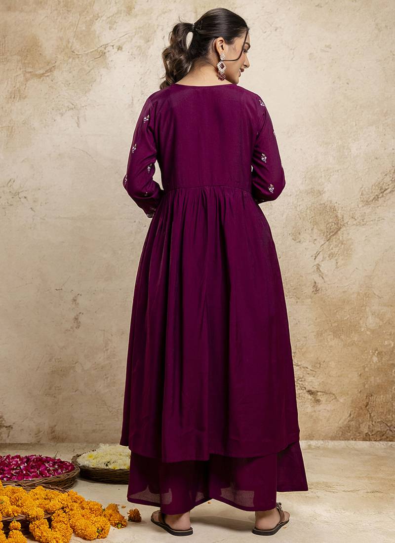 Silk blend wine designer wear embroidery work readymade anarkali suit