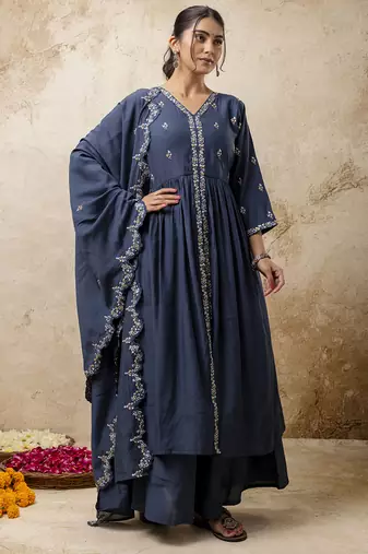 Silk blend teal designer wear embroidery work readymade anarkali suit