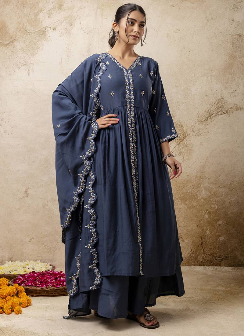 Silk blend teal designer wear embroidery work readymade anarkali suit