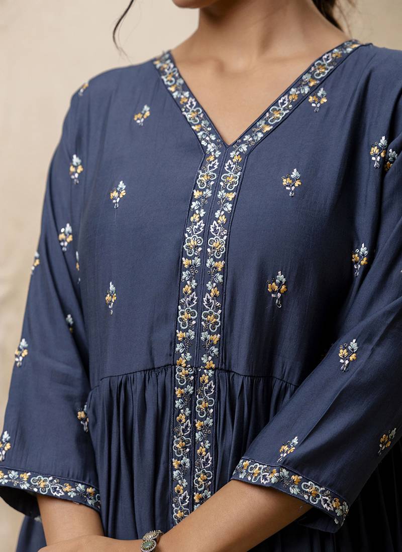 Silk blend teal designer wear embroidery work readymade anarkali suit