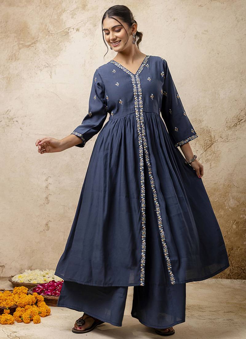 Silk blend teal designer wear embroidery work readymade anarkali suit