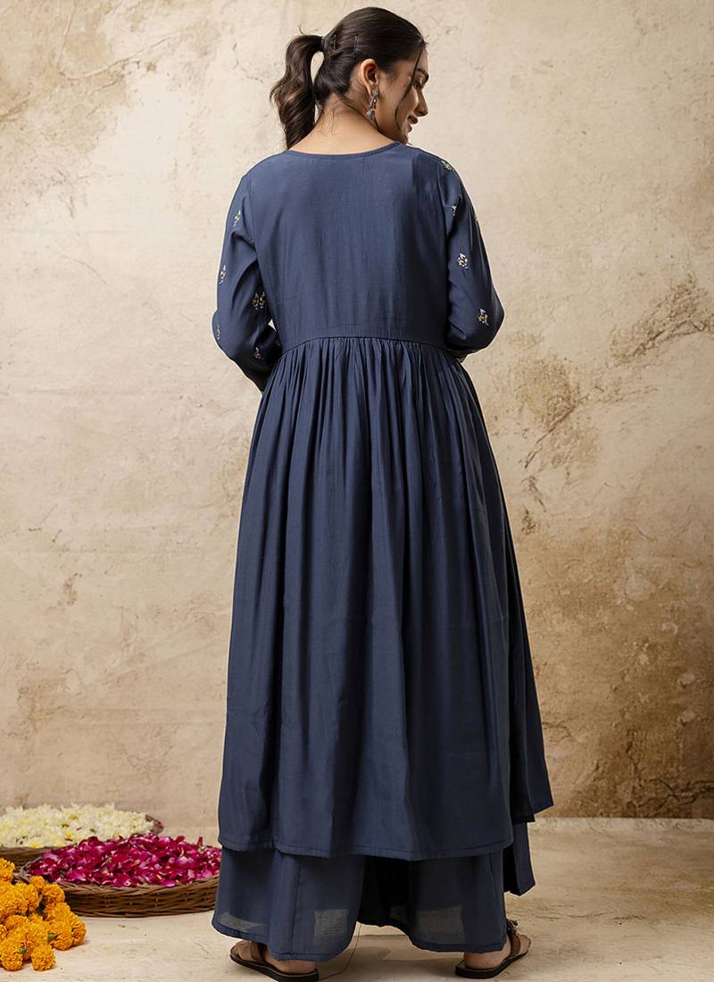 Silk blend teal designer wear embroidery work readymade anarkali suit