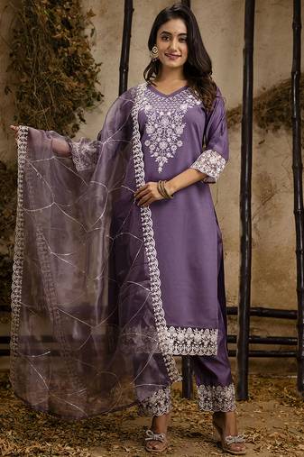 Silk blend lavender festival wear embroidery work kurta set