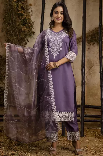 Silk blend lavender festival wear embroidery work kurta set