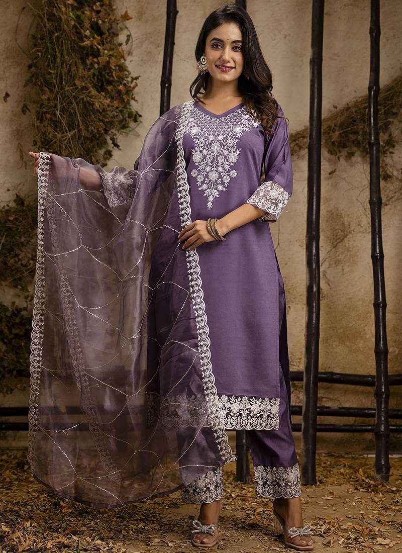 Silk blend lavender festival wear embroidery work kurta set