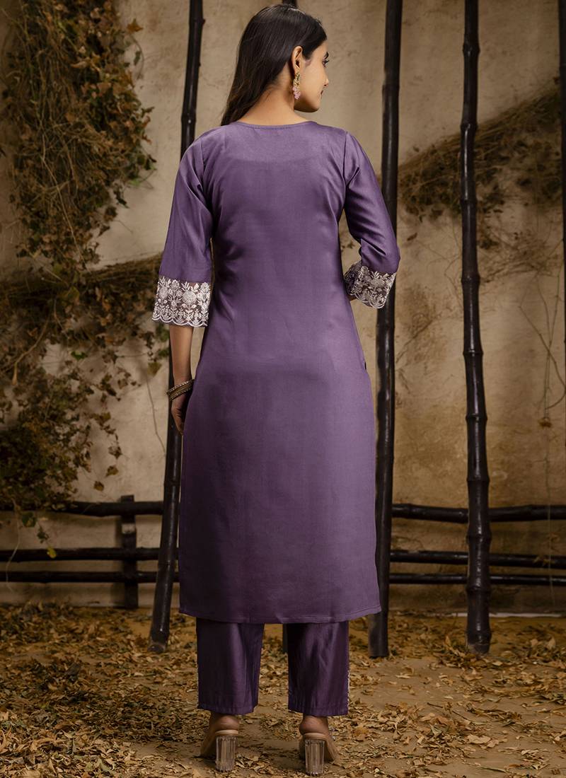 Silk blend lavender festival wear embroidery work kurta set